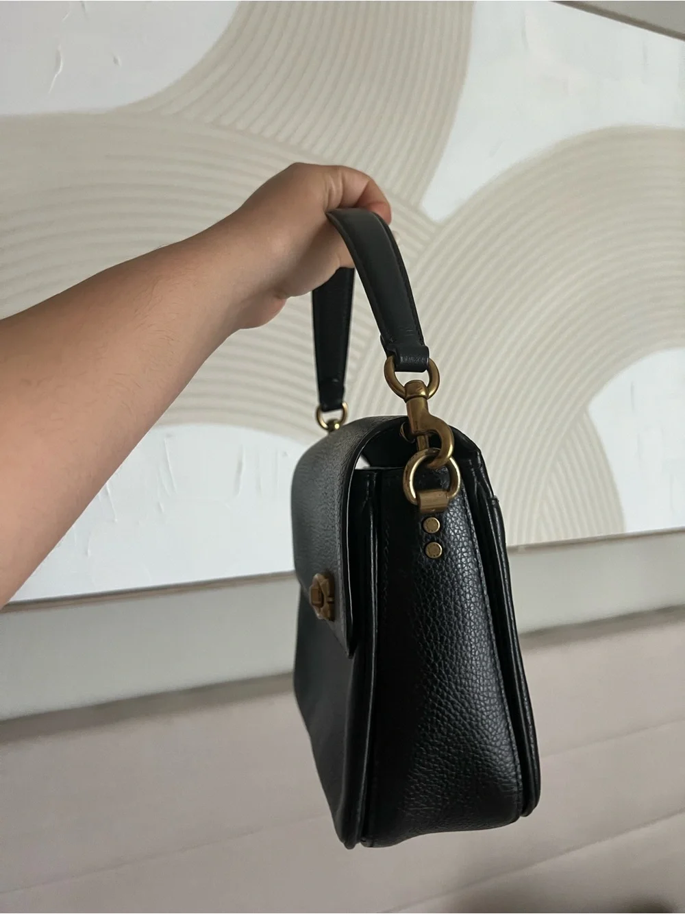 Coach Cassie Black Pebbled Leather Top-Handle Bag with Gold Turnlock